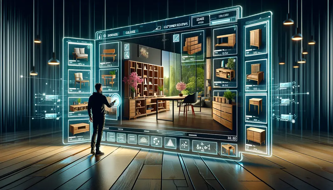 A customer browsing a digital catalog of wooden furniture highlighting online sales strategies depicted in a sleek futuristic art style. The scene .webp