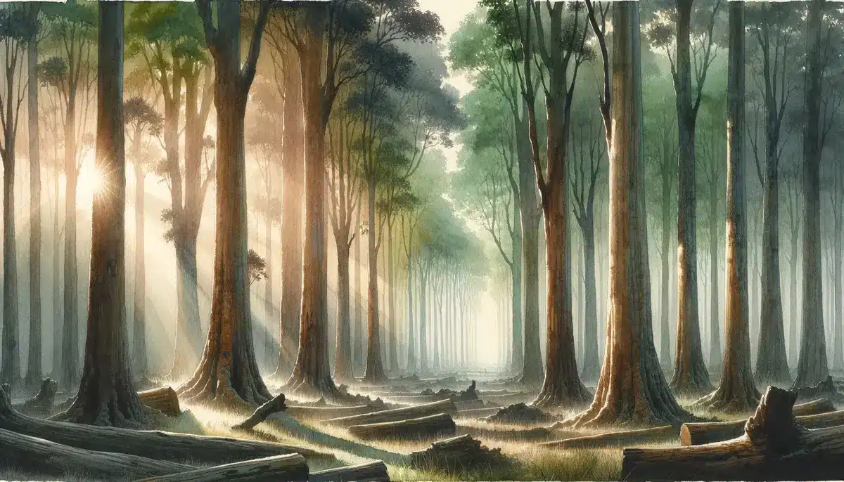A serene teak wood forest at dawn