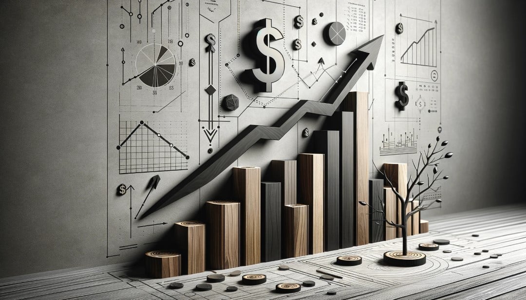 Craft a minimalist digital art piece portraying the upward trend of black walnut wood in the economy using symbols like arrows and dollar signs again Custom