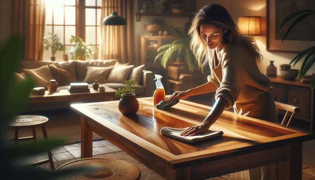 A homeowner gently cleaning a teak wood table