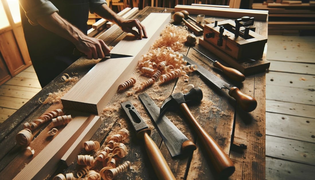 A carpenters workshop with tools laid out on a bench working on a piece of beech wood shavings scattered around in 35mm film style Custom