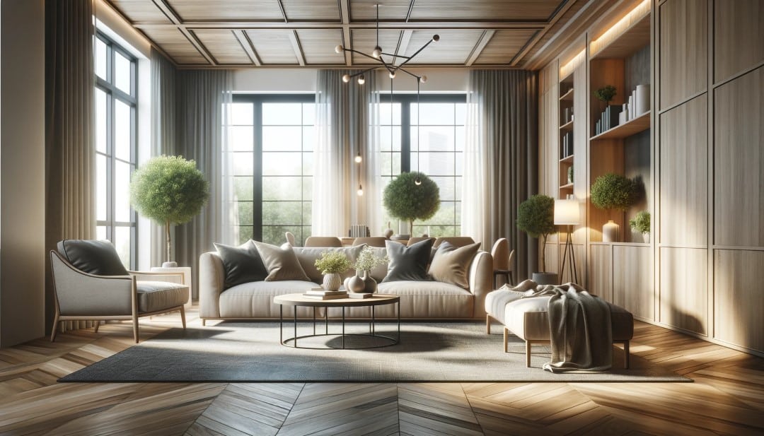 A cozy modern living room interior showcasing furniture and flooring made from ash wood with large windows and soft natural lighting in a realisti Custom