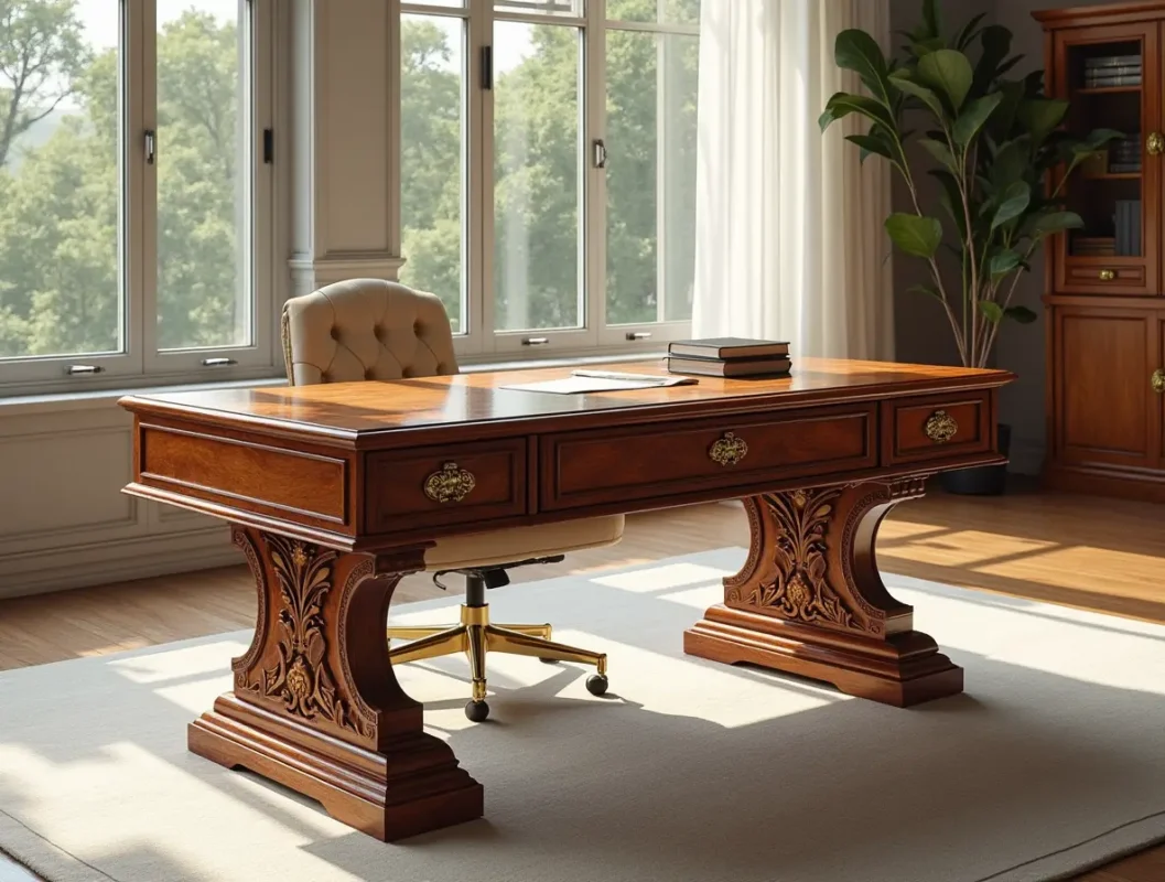 a luxurious cocobolo wood desk with a polished surface intricate carvings on the legs and brass acc 9zpe59ghpg8i0mhgp02c 0