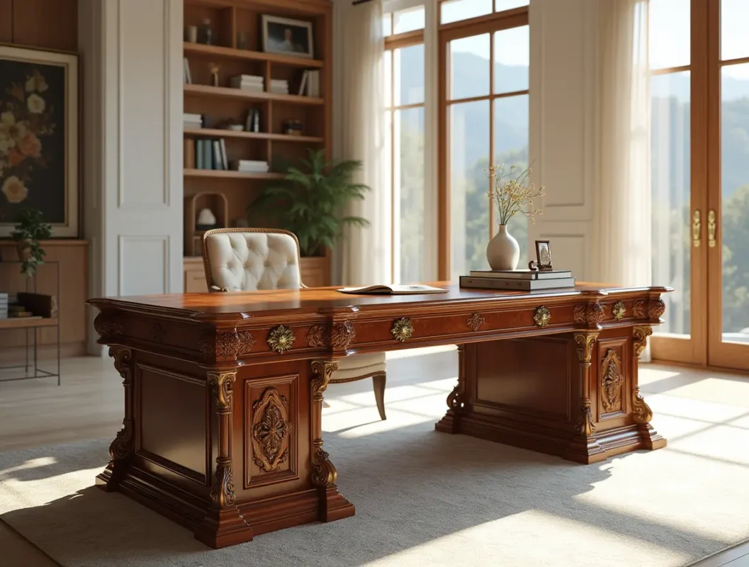 a luxurious cocobolo wood desk with a polished surface intricate carvings on the legs and brass acc b873834pqgplhc32yejo 1