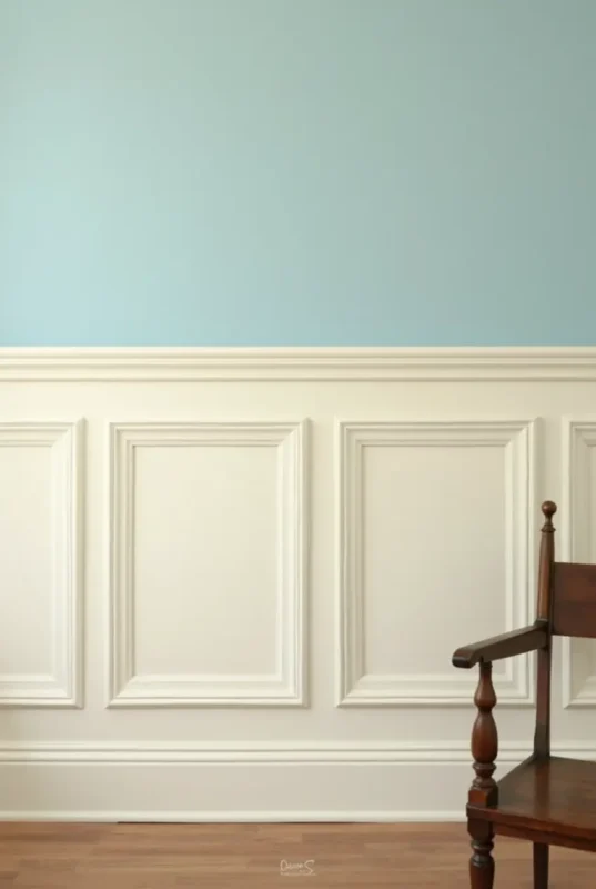 a classic interior wall with wainscoting below a smooth white chair rail featuring raised rectangul wlzlkr3i3fbzxxwsl8nu 0
