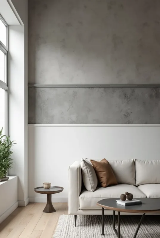 a contemporary living room with double chair rails each crafted from brushed aluminum the upper rai la8qkyef3mxlzvlgdvg3 1