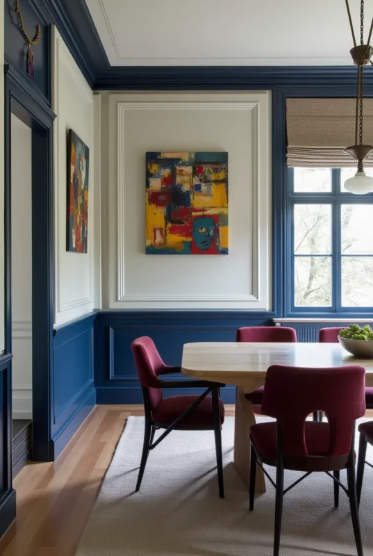 a luxurious dining room featuring chair rails painted in a bold deep navy blue with contrasting whi krwt6agjh5tvgn6v5cki 1