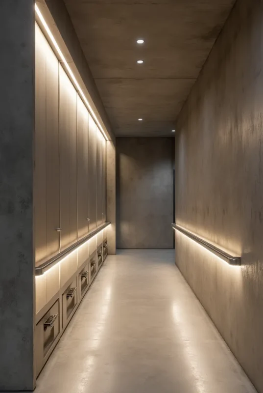 a modern hallway with chair rails integrated with built in led lighting emitting a soft glow along bavg5g92jwr0n8nn1ee4 1