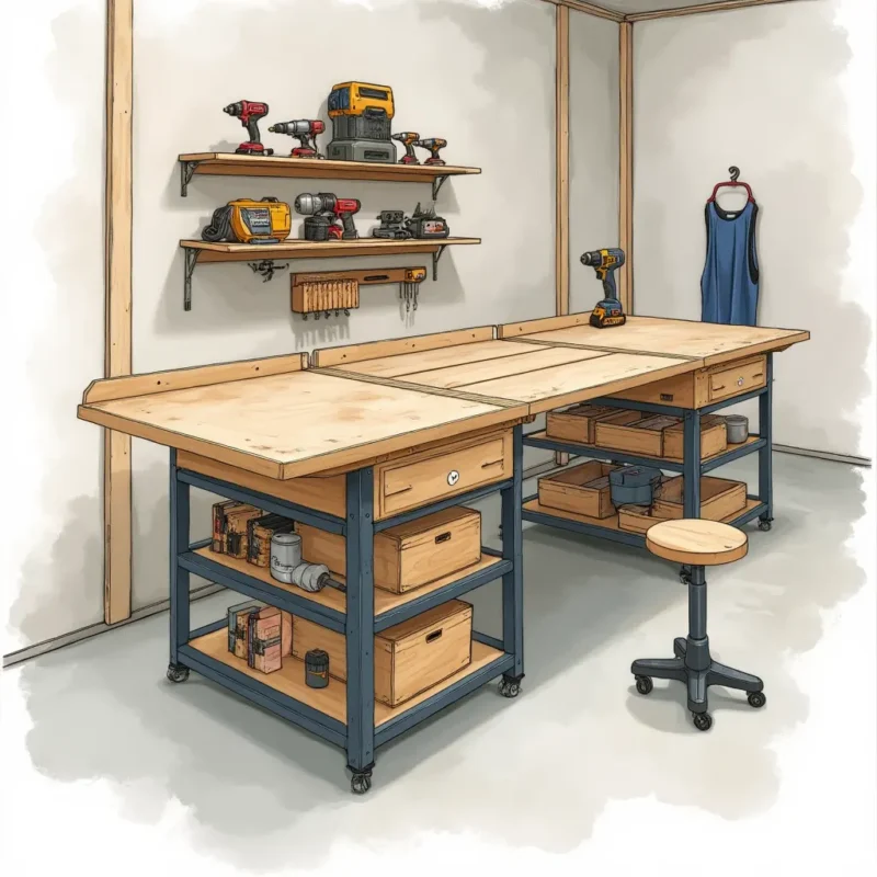 a modern modular workbench with detachable components and a sturdy steel frame placed in a minimali 6ytqqbdv19pnn0y91tj7 0