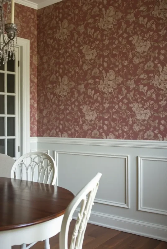 a traditional dining room with a white wooden chair rail dividing a rich floral wallpaper above and 8d7p8xjurmqkspt1qi5s 3