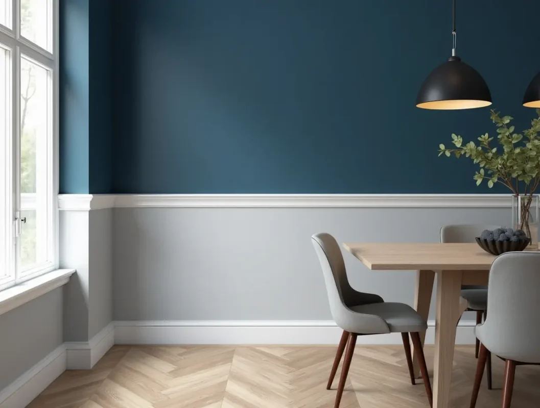 a two tone wall design featuring a crisp white chair rail dividing a navy blue upper section and a r3mj7uhj6k84wut60z2s 0