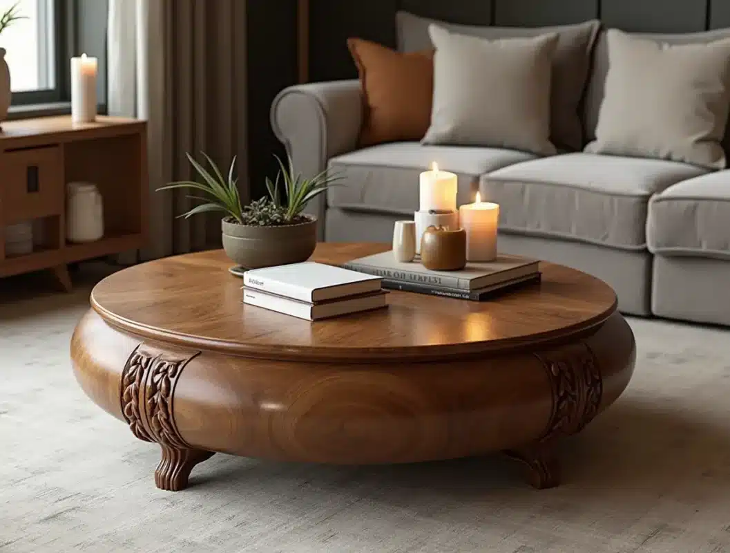 an elegant solid wood round coffee table with intricate carvings and a glossy finish set in a luxur vhm1vcnoouz2wr5l03y7 2