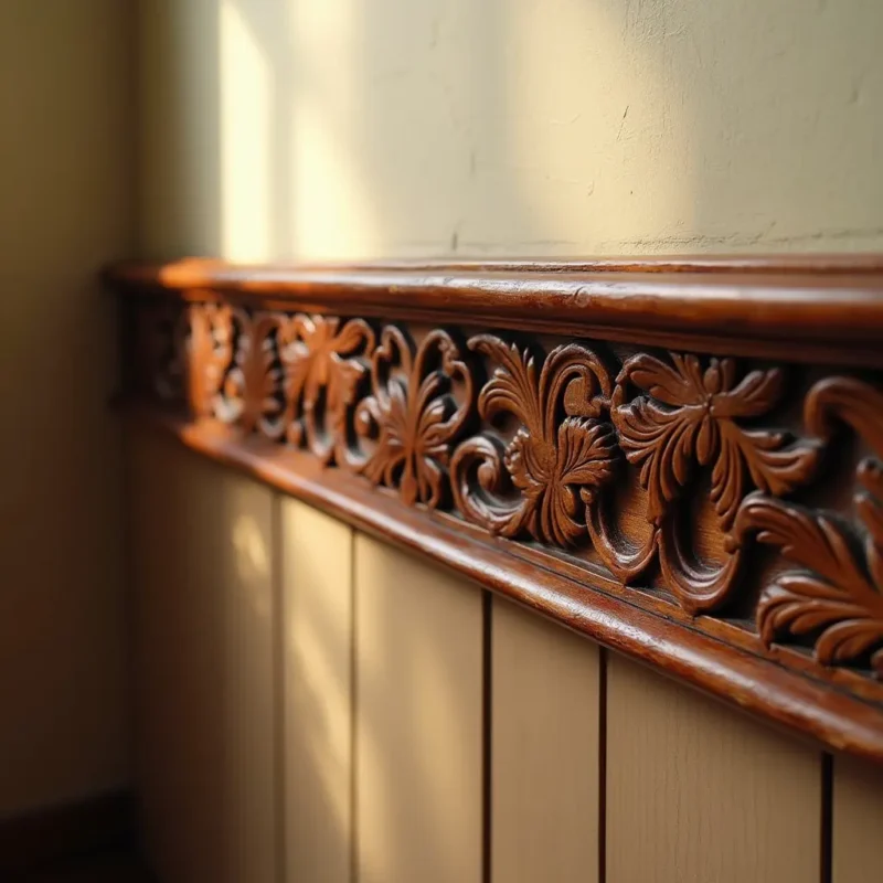 an intricately carved wooden chair rail featuring classic victorian floral patterns polished to a w iydwxpv7dp80ehai4qzj 1