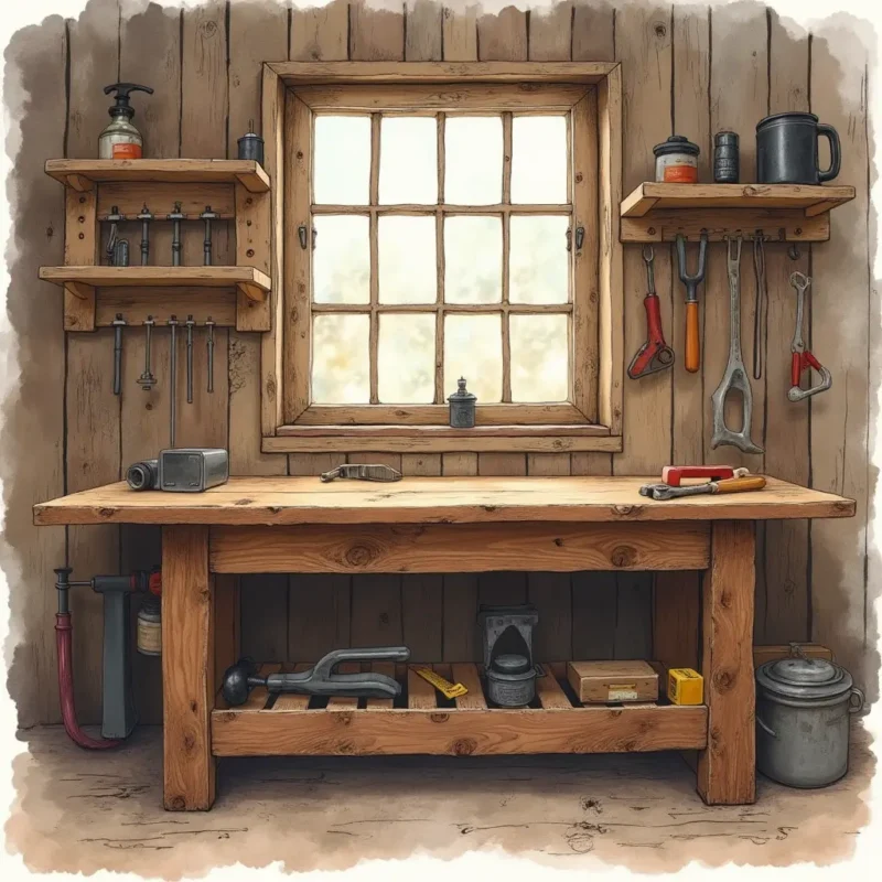 an old fashioned workbench built from reclaimed wood surrounded by tools like clamps mallets and me zhpsw3pmp0bhyaagumxy 1