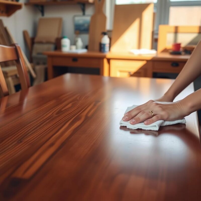 A well-lit wooden table showcasing rubberwood furniture pieces being meticulously cleaned and polished with a soft cloth. The furniture reflects the warm glow of the natural lighting, highlighting the rich grain and smooth texture of the wood. In the background, a tidy workspace with simple cleaning supplies and tools demonstrates the ease and low-maintenance required for caring for this durable, high-quality material. The overall scene conveys a sense of attention to detail, care, and the practicality of maintaining the beauty and longevity of rubberwood furniture.