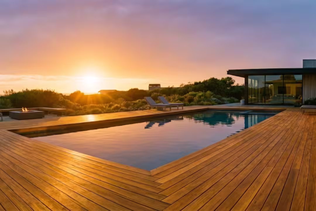 Wide panoramic view of Accoya wood decking around a modern pool at sunset with warm natural tones.