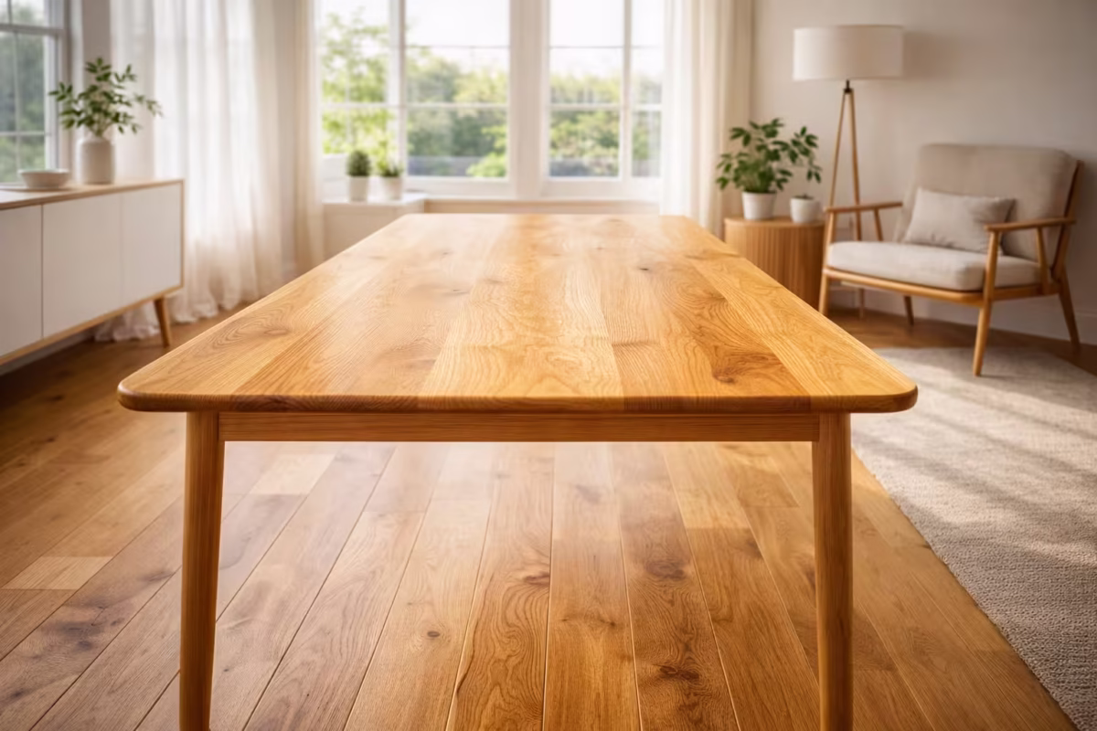 Yellow heart Wooden table in bright, airy room